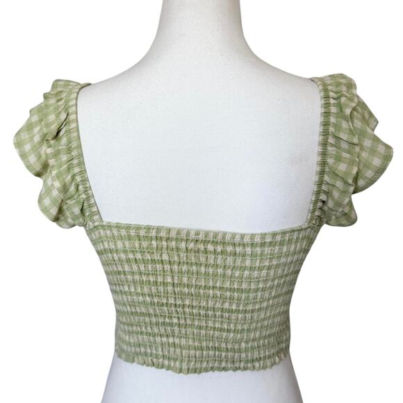 NWT Altar’d State Green Gingham Smocked Ruffle Sleeve Top | Medium - Picture 2 of 4